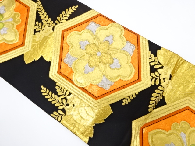 アンティーク　亀甲に花菱・桐模様織り出し袋帯(着用可)